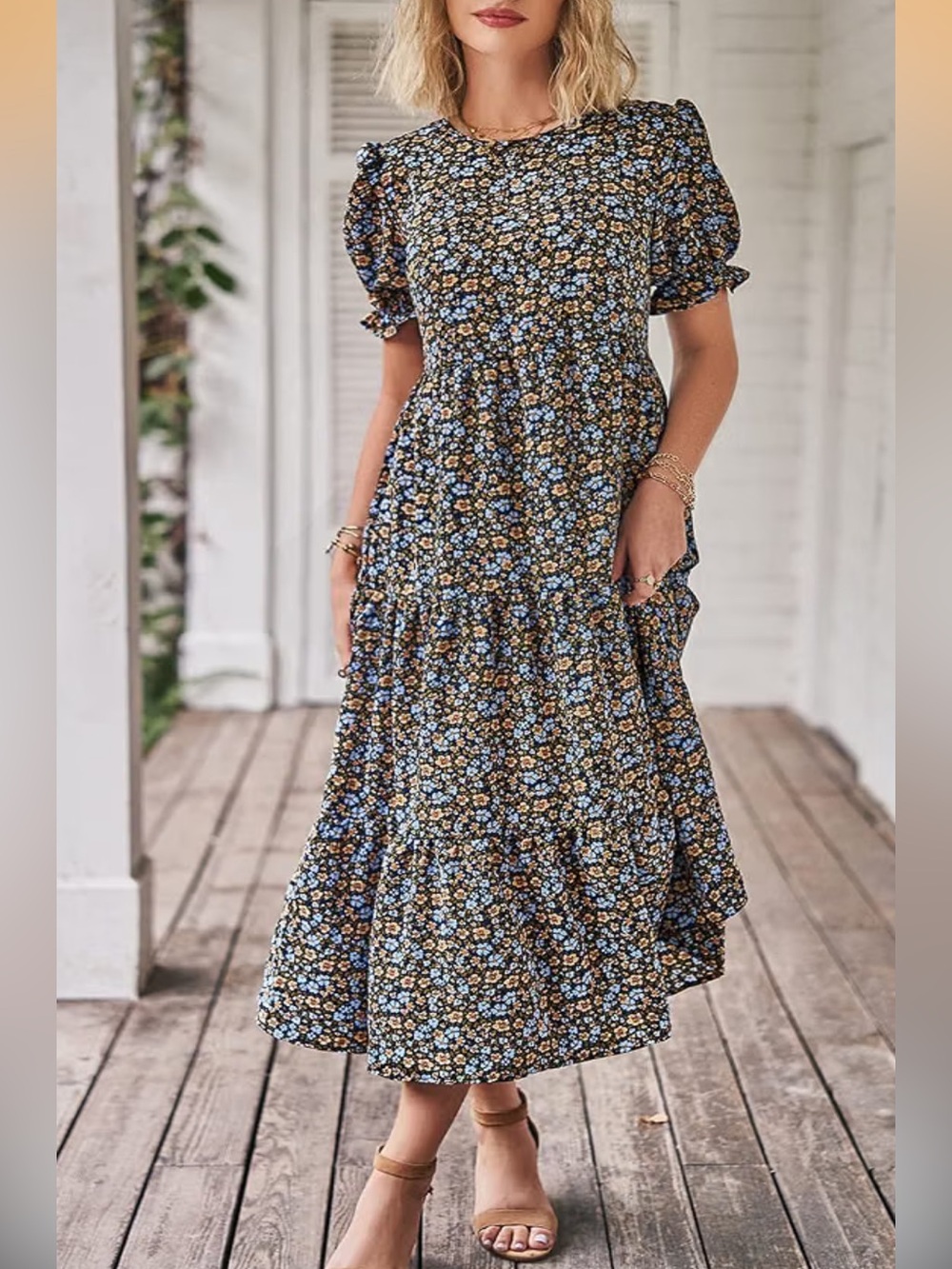 Pretty Garden Blue Floral Puff-Sleeve Midi Dress - Casual Women's Summer Dress
